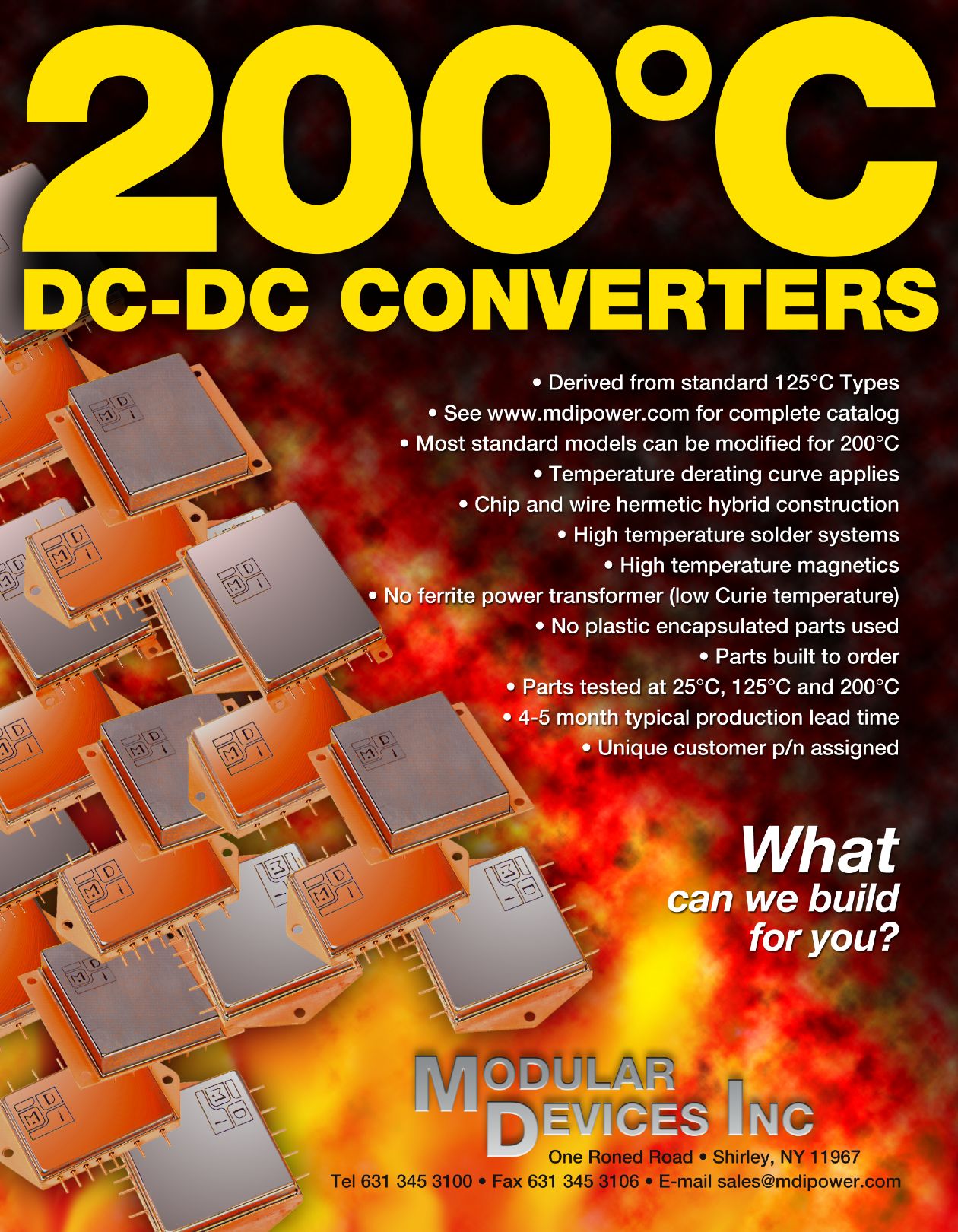 This product sell sheet features a very prominent headline using the words “200-degree DC-DC converters” over a large collection of small electronic devices roiling atop an intense fire.