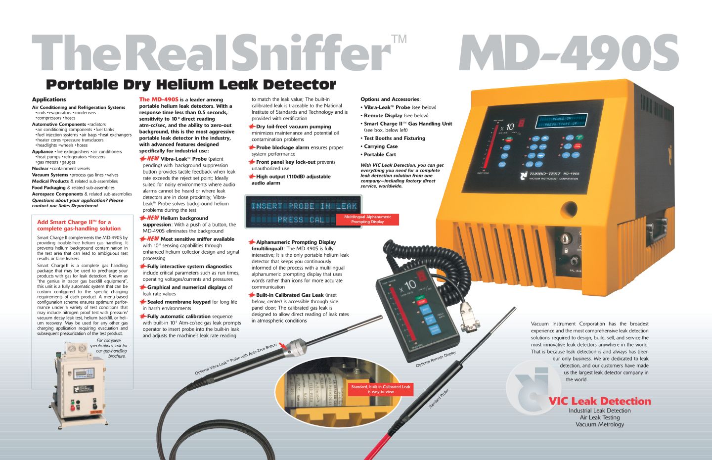 This image represents a 2-page spread inside a printed technical sales brochure for the portable helium leak detector featured in the ad above. Here, the “Real Sniffer” is revealed to be the manufacturer’s model MD-490S, the newest addition to our client’s line of industrial leak detectors.